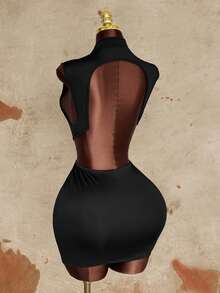 Sunspun Black Fashionable Hollow-Out Sexy Backless Dress, Summer New Tight-Fitting Slim Bodycon Mini Skirt - Black - View 2