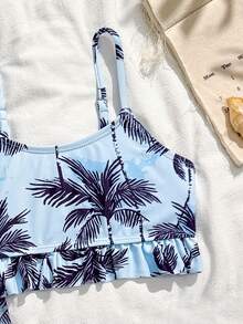 Young Girls 3-Piece Bikini Set, Blue Coconut Tree Print Knit Fabric, Spaghetti Strap, Ruffled Hem Bottoms, Mesh Flared Pants, Fashionable Casual Elegant Swimwear Suitable For Swimming, Summer Vacation, Beach, Pool Party - Blue - View 3