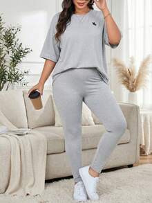 SHEIN LUNE 优雅女士两件套秋季女装大码女装黑白条纹露肩T恤和打底裤休闲套装女装两件套机场女装套装黑色两件套旅行装机场得体 - 灰色 - 查看 7