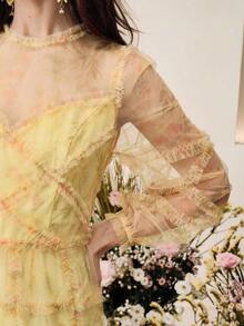 Anewsta 浅黄色圆领长袖无肩带半透明A字连衣裙，适合婚礼、生日派对、宴会等场合。 - 鵝黃色 - 查看 5