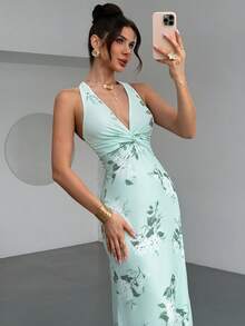 Firerie 女士优雅浪漫约会之夜派对生日聚会假日度假婚礼宾客圣帕特里克节V领露背印花修身A字长裙，绿色 - 綠色 - 查看 2