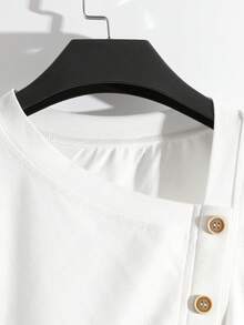 GlowEve Knitted Asymmetric Collar Button Oblique Placket Drop Shoulder Sleeve With Pleated Tie Bow Elegant Refined Commuter Casual T-Shirt Top For Women, White, Summer - White - View 5