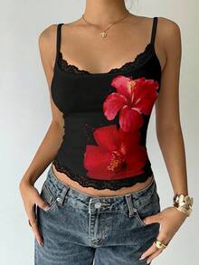 Aloruh 女士性感休闲Y2K芙蓉花蕾丝拼接吊带背心，夏威夷印花背心，度假吊带背心，夏季海滩度假装，女士夏季上衣 - 白色 - 查看 8