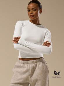 MUSERA ESSENTIALS Soft Touch Long Sleeve Top Basic Casual Airport Holiday Back To School Spring Summer - White - View 1