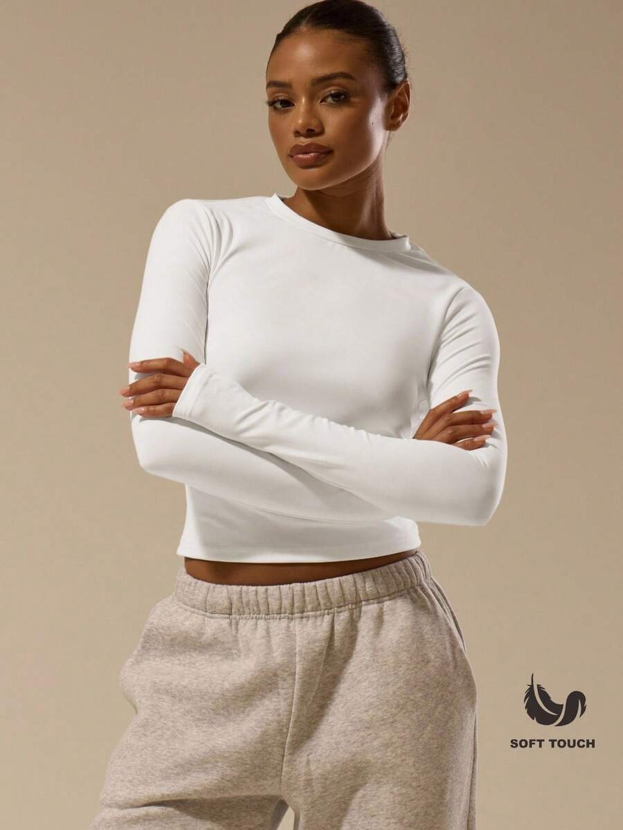 MUSERA ESSENTIALS Soft Touch Long Sleeve Top Basic Casual Airport Holiday Back To School Spring Summer - White - View 1