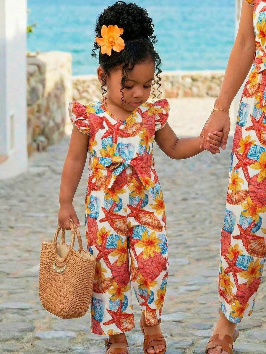 SHEIN 女婴碎花V领荷叶边休闲连体衣 - 藍白色 - 查看 1