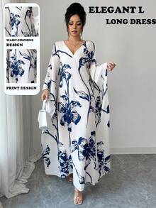 SHEIN Elenzya 优雅女士蓝色印花长款宽松连衣裙，V领喇叭袖设计，休闲度假沙滩长裙，适合日常、约会、派对、居家穿着，春夏皆宜。 - 藍白色 - 查看 1