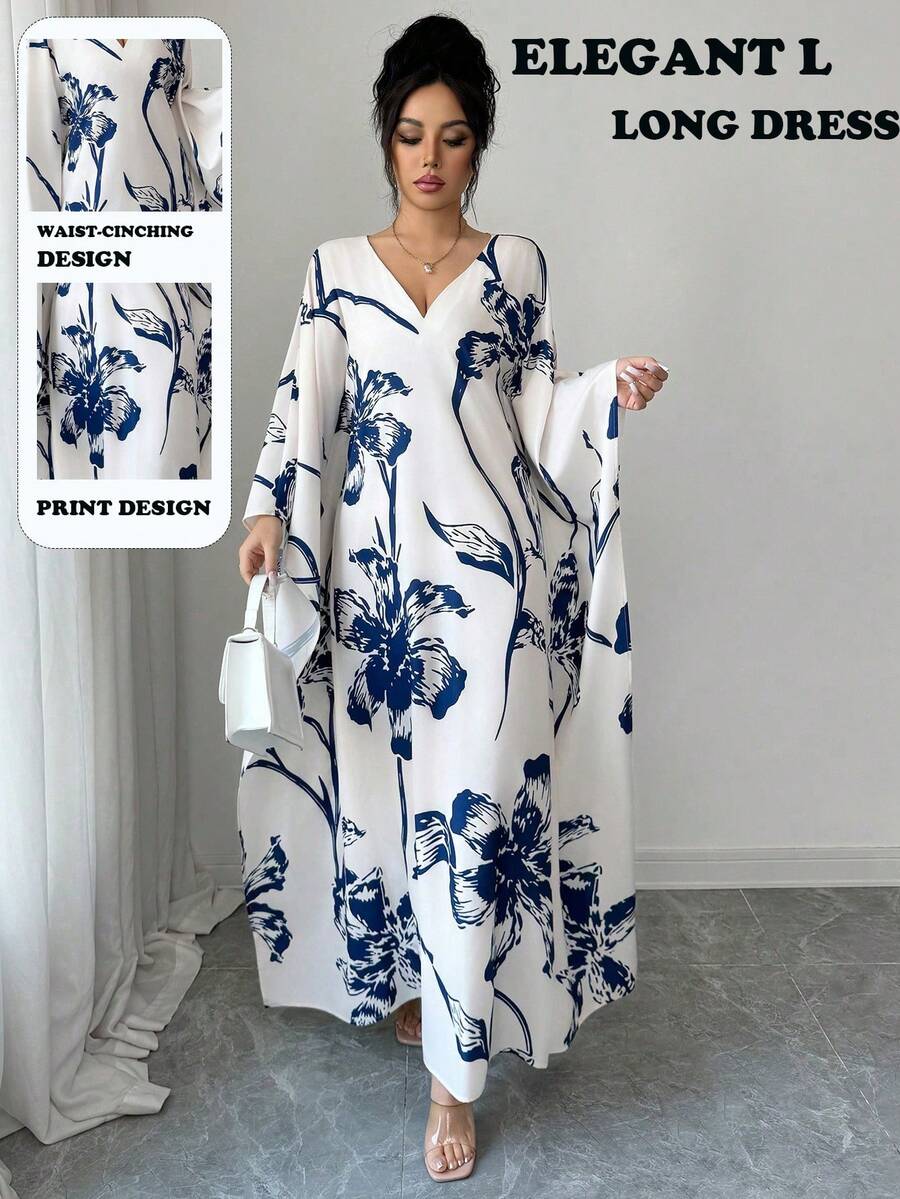 SHEIN Elenzya 优雅女士蓝色印花长款宽松连衣裙，V领喇叭袖设计，休闲度假沙滩长裙，适合日常、约会、派对、居家穿着，春夏皆宜。 - 藍白色 - 查看 1