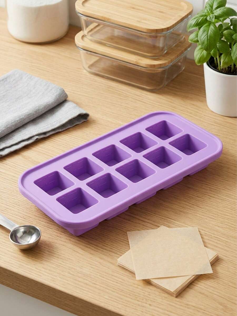 Silicone Freezer Mold With Lid, Refrigerated Food Storage Box, Food Container, Extra Large Silicone Ice Tray Mold, Ice Maker, Food Preservation Box - Purple - View 1