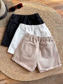 SHEIN Bộ 3 chiếc quần short denim màu kaki, đen, trắng dành cho bé gái tuổi teen. - Nhiều màu - Xem 2