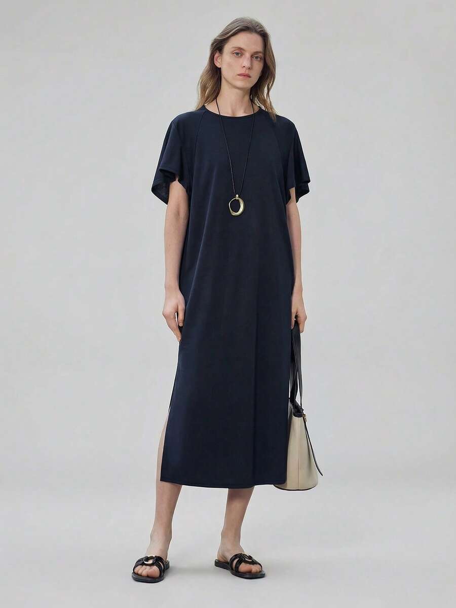 Ontre 藏蓝色罗马布圆领插肩袖刺绣长裙，现代优雅婚礼宾客装扮，简约浪漫法式奢华风，都市时尚商务休闲办公装，低调奢华质感，高品质机场时尚，邮轮度假装，中东活动必备，百搭季节性单品，婚礼系列，度假系列 - 寶藍色 - 查看 1