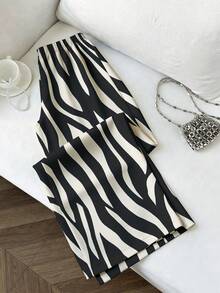 EMERY ROSE Plus Size Women's Casual Wide Leg Pants With Herringbone Floral Pattern, Elastic Waistband And Drawstring Design, Suitable For Spring Wear Zebra Print Trousers Ysk Clothes Zebra Print Pants - Multicolor - View 2