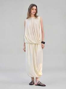 Ontre 女士蓝杏色条纹蝙蝠袖短袖衬衫，竖条纹显瘦，搭配松紧腰裤，现代优雅婚礼宾客装扮，简约浪漫法式风情奢华都市时尚商务休闲办公服，低调复古高端都市通勤高品质机场邮轮必备单品，四季皆宜的高级婚纱系列度假装两件套 - 卡其色 - 查看 1