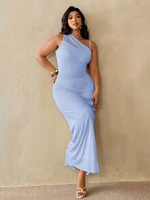 Auralis Plus Size Women's Light Blue Summer Elegant Wedding Guest Sheer Mesh Sleeveless Asymmetrical Neck Ruched Fitted Dress,Minimalist Chic Fashion Basic - Baby Blue - View 5