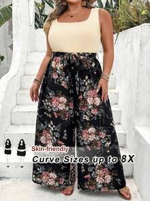 SHEIN CURVE+ 大码极简时尚休闲日常连体裤 波西米亚风度假风 - 彩色 - 查看 1