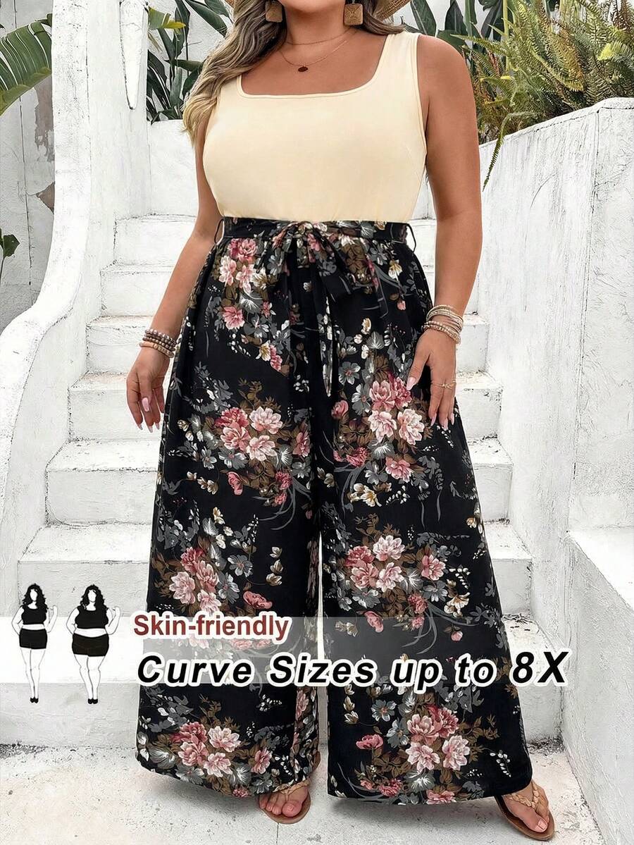 SHEIN CURVE+ 大码极简时尚休闲日常连体裤 波西米亚风度假风 - 彩色 - 查看 1