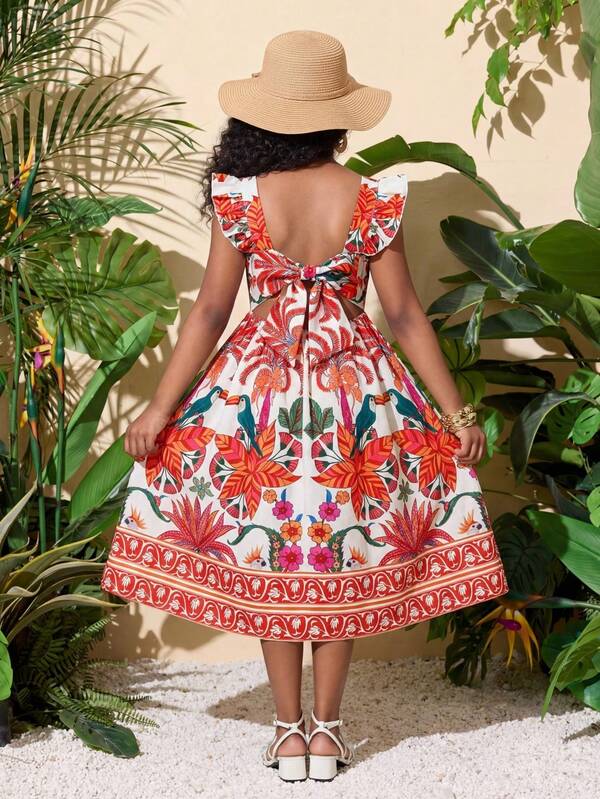 SHEIN Tween Girls Casual Resort Floral Retro Print Ruffle Trim Cap Sleeve Open Back Bow Decor Waist Flare Dress