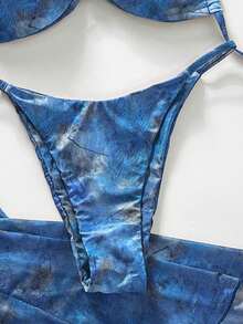 Bonvoyette 3件套春夏假日随机印花咖啡色不对称珍珠装饰抹胸比基尼上衣、下装和褶皱前裙性感女士泳装套装，带罩衫，适合度假穿着，串珠女士沙滩装 - 彩色 - 查看 4