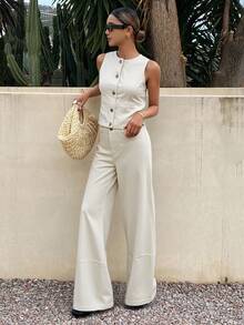 DAZY 女士休闲白色圆领短袖上衣和牛仔裤套装，夏季度假装 - 白色 - 查看 4