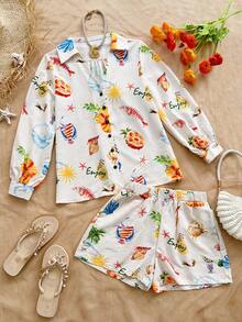 Soleia Women's Pineapple Print Long Sleeve Shirt And Shorts 2 Pieces Set - Multicolor - View 3