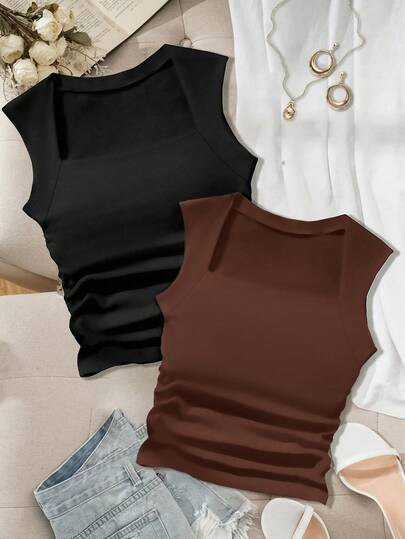 SHEIN Essnce 2pcs Casual Versatile Solid Color Cropped Tank Top, Plus Size Women Summer Vest