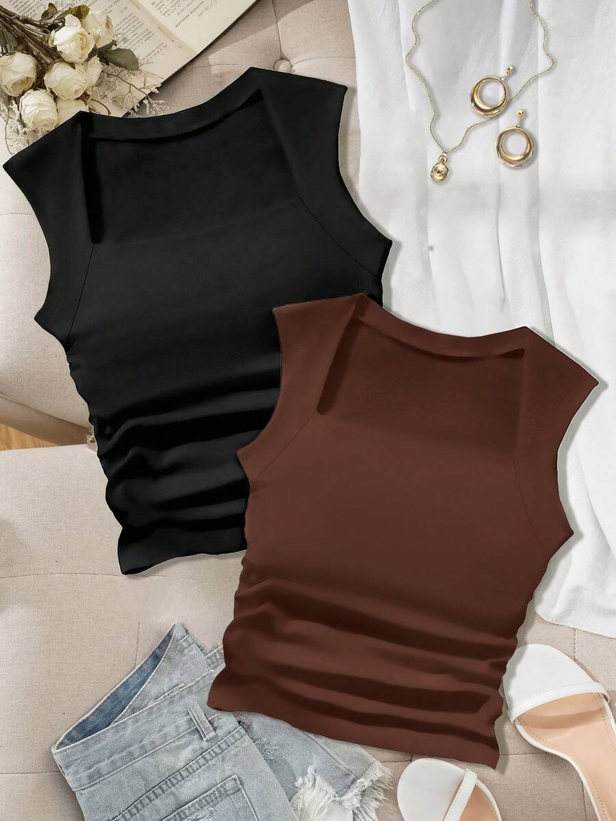 SHEIN Essnce 2件套休闲百搭纯色露脐背心,大码女式夏季背心 - 彩色 - 查看 1