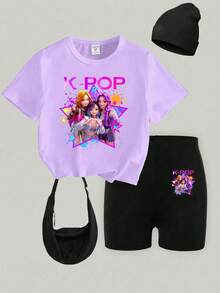 Young Girl Cartoon Print T-Shirt And Shorts Set - Multicolor - View 3