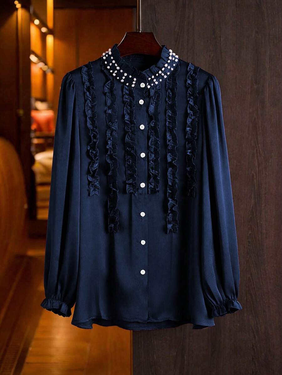 Modelyn 优雅纯色荷叶边立领长袖修身大码衬衫，春秋季 - 藏蓝色 - 查看 1