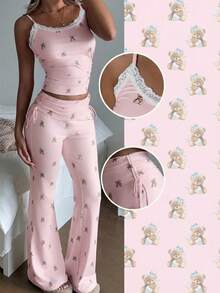 CovetEZ Bộ đồ 2 món màu hồng cỡ lớn, kiểu dáng thường ngày, hình gấu dễ thương: áo hai dây và quần ống loe. - Hồng - Xem 3