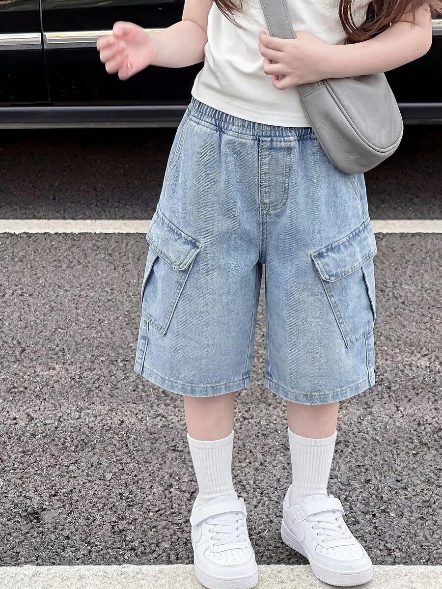 Quần jean denim cho bé gái tuổi teen, quần cargo màu sáng bạc màu kiểu vintage, ống rộng, có túi, thích hợp mặc hàng ngày và đi nghỉ mát mùa hè. - Màu xanh lam - Xem 1