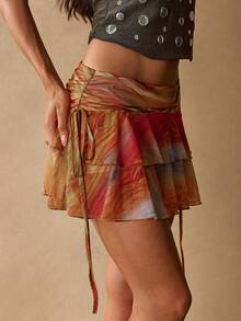 SHEIN BAE Chân váy chữ A thời trang dành cho nữ, kiểu dáng tie-dye, xếp ly eo, thắt dây bên hông, viền bèo nhún. - Nhiều màu - Xem 4