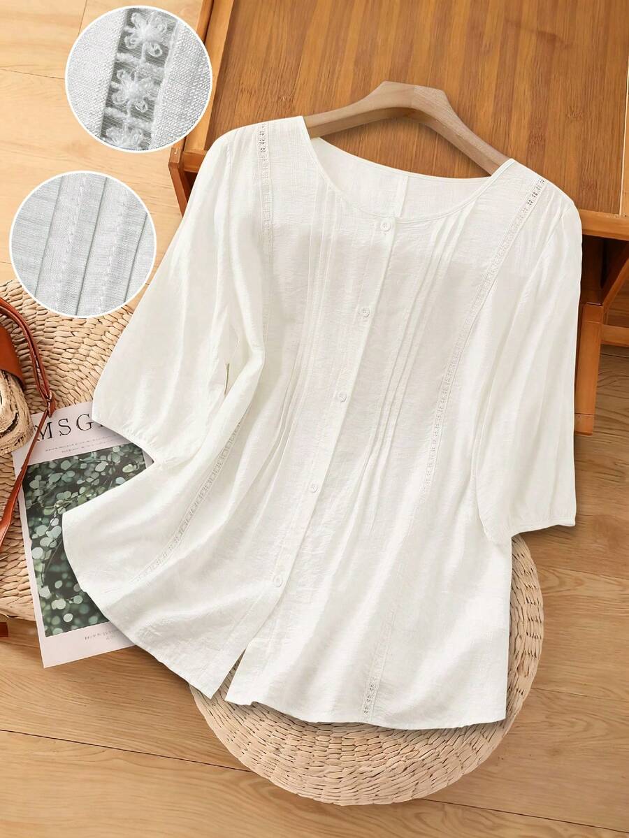 SHEIN LUNE Áo sơ mi nữ cỡ lớn viền ren, kiểu dáng tối giản thời trang, thoải mái và thanh lịch. - trắng - Xem 1