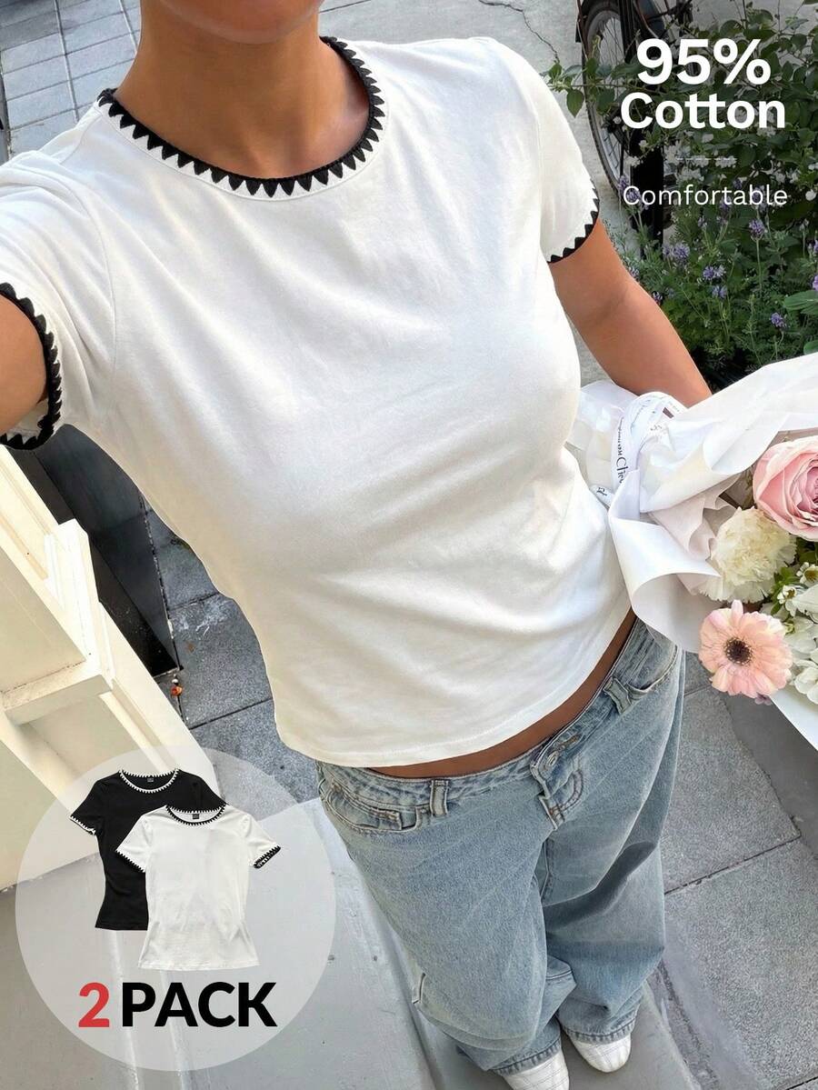 Muchica Damen Farbblock T-Shirt mit Blumenverzierung, Mehrfachpackung - Schwarz und Weiss - Übersicht 1