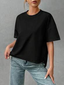 SHEIN Essnce 柔软纯棉女士简约基础款短前长后长时尚T恤，适合外出、搭配、旅行和度假。 - 黑色 - 查看 7