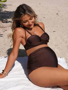 SHEIN Set Bikini Modis Berwarna Polos dengan Detail Kerut untuk Ibu Hamil, Cocok untuk Liburan di Pantai - MultiWarna - View 5