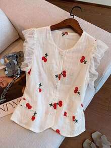 GlowEve Women's Summer Casual Cherry Embroidery Mesh Patchwork Blouse - White - View 6