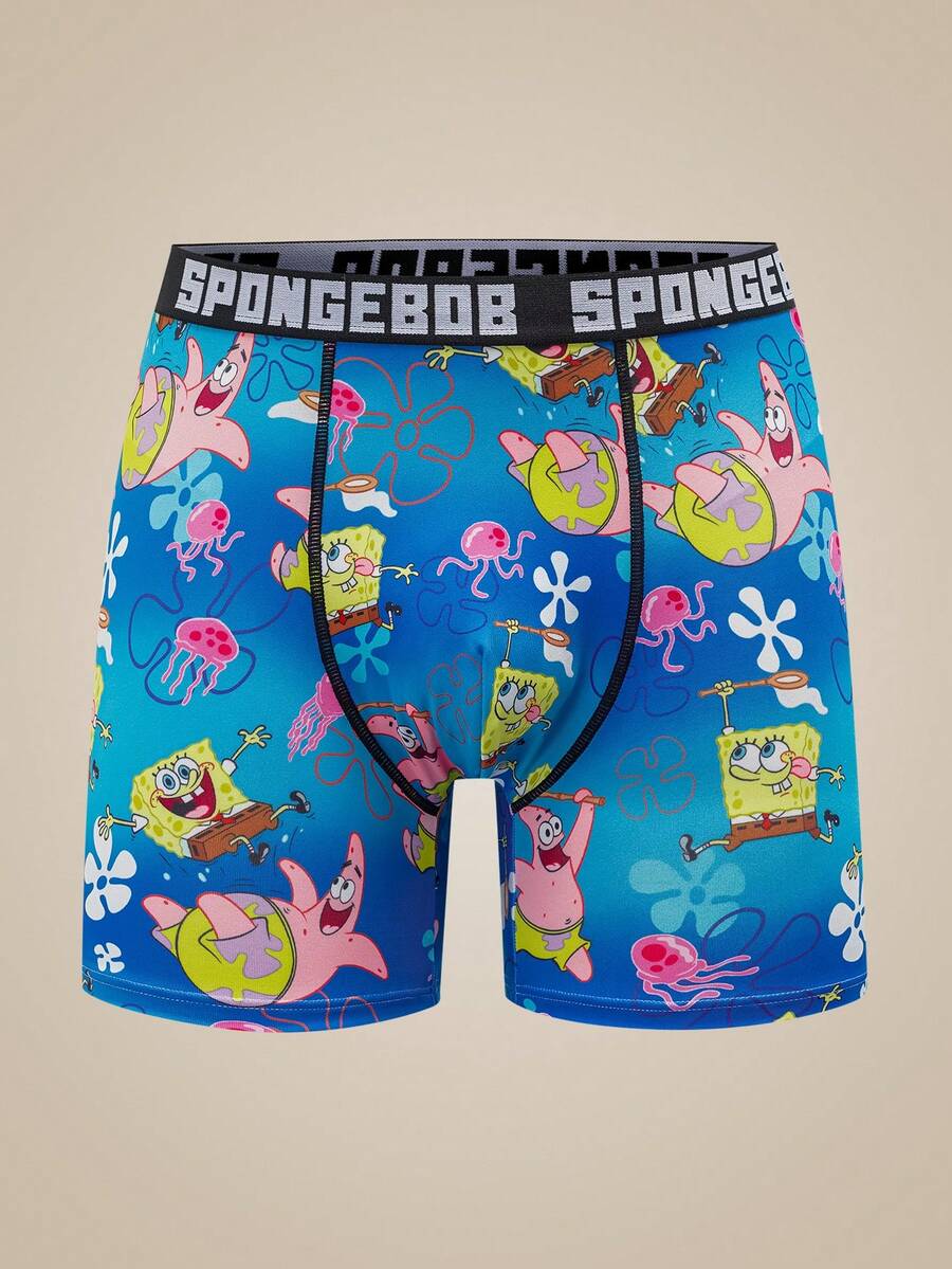 SpongeBob SquarePants | SHEIN Quần boxer nam kiểu dáng thường ngày, có in chữ ở cạp quần. - Màu xanh lam - Xem 1