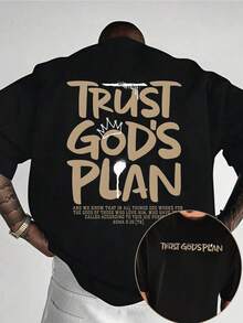 Manfinity Dauomo 信靠上帝的计划印花纯棉T恤，信仰T恤，适合春夏户外穿着，可作为父亲节礼物，简约百搭，男士新款纯棉T恤。 - 黑色 - 查看 1