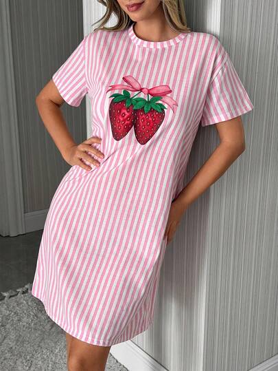 SHEIN Pink Striped With Bow&Strawberry Pattern Round Neck Short Sleeved Women Sleep Dress Homewear Comfort Casual Nightgown For Summer