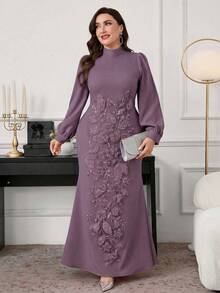 Modelyn 大码女式立体花卉装饰优雅收腰A字连衣裙 - 紫色 - 查看 2