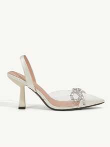 CUCCOO CHICEST Woman Shoes Fashionable Beige Rhinestone Decor Stiletto Heel Pointed Toe Bow High Heels Shoes For Summer Graduation Heels Prom Heels Vacation Shoes Summer Elegant Heels Summer Shoes Summer Break Easter For Christmas Valentine's Day Elegant Shoes Wedding Shoes Summer Shoes Bride Shoes - Beige - View 8