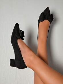CUCCOO CHICEST Women Bow Decor Point Toe Chunky Heeled Pumps, Elegant Black Faux Suede Court Pumps For Summer Graduation Heels Prom Heels Vacation Shoes Summer Spring Shoes Spring Break Easter For Christmas Elegant Shoes Wedding Shoes Spring Shoes Bride Shoes - Black - View 9
