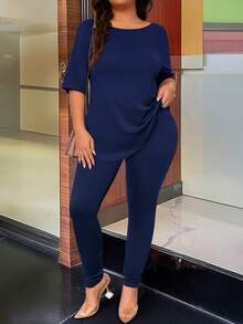 Maweii Plus Size Round Neck Backless Printed Half Sleeve 2 Pieces Set - Navy Blue - View 5