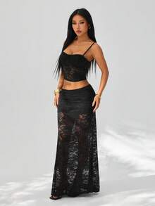 SHEIN PETITE Sexy Solid Black Sheer Lace Camisole Top & Low-Waisted Skirt Two Pieces Set For Spring/Summer, Elegant Skirt, Party Dress, Wedding Guest Attire, Brunch Dress, Spring/Summer Black Lace Skirt. - Black - View 4