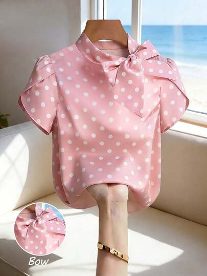 Pariaura Women's Spring And Summer Polka Dot Short-Sleeved Shirts, Polka Dot Print Tops, Bow Tie Design, Sweet Women's Shirts, Sweet Retro Tops, Elegant Women's Tops, Vacation Women's Tops, Mature Women's Tops