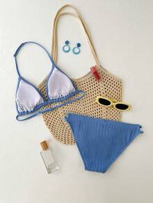 Bộ bikini hai dây tam giác hở lưng màu xanh dương trơn dành cho thiếu nữ, họa tiết vỏ sò, thích hợp mặc đi biển mùa hè. - Màu xanh lam - Xem 2