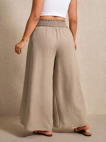 Elaquor Plus Size Women Solid Color Waist Tie Loose Leg Pants For Vacation - Khaki - View 2