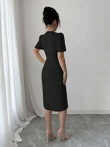 Elenzga Solid Color Round Neck Hollow Out High Slit Short Sleeve Dress - Black - View 2