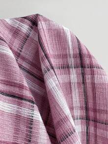 Y2K Retro American Casual Plaid V-Neck Ruched Waist Peplum Hem Short Sleeve Blouse - Pink - View 6