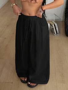 Coolane 大码休闲纯色抽绳腰宽松裤 - 黑色 - 查看 3